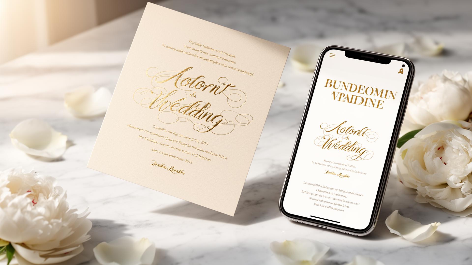 Luxury wedding invitation with gold calligraphy beside a phone showing the digital wedding website