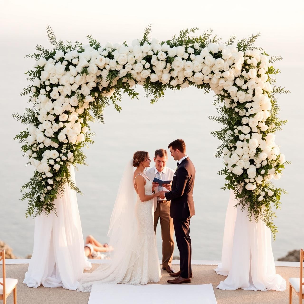 Bride and groom under a floral arch overlooking the sea