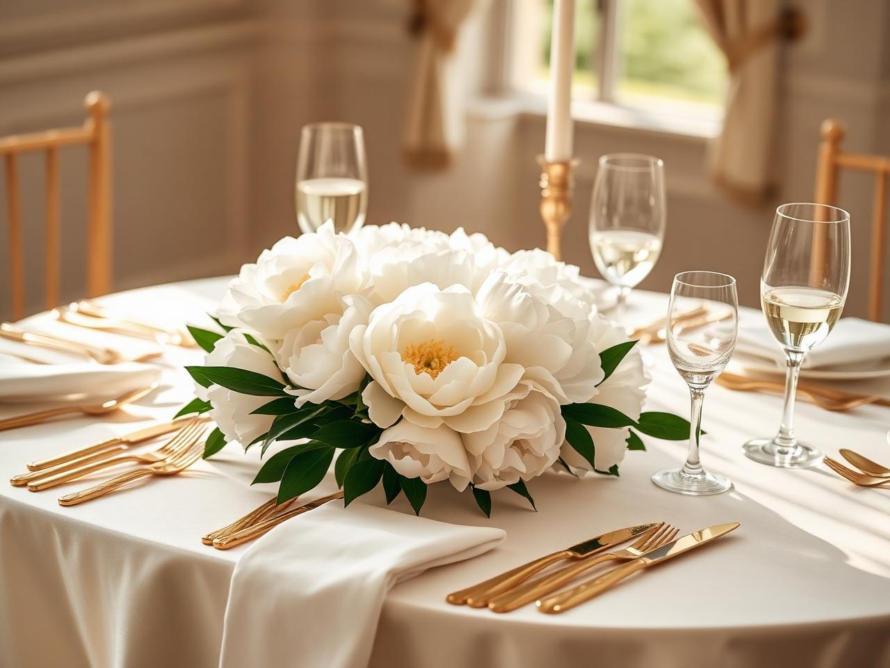 Luxury wedding table with gold cutlery and white peonies
